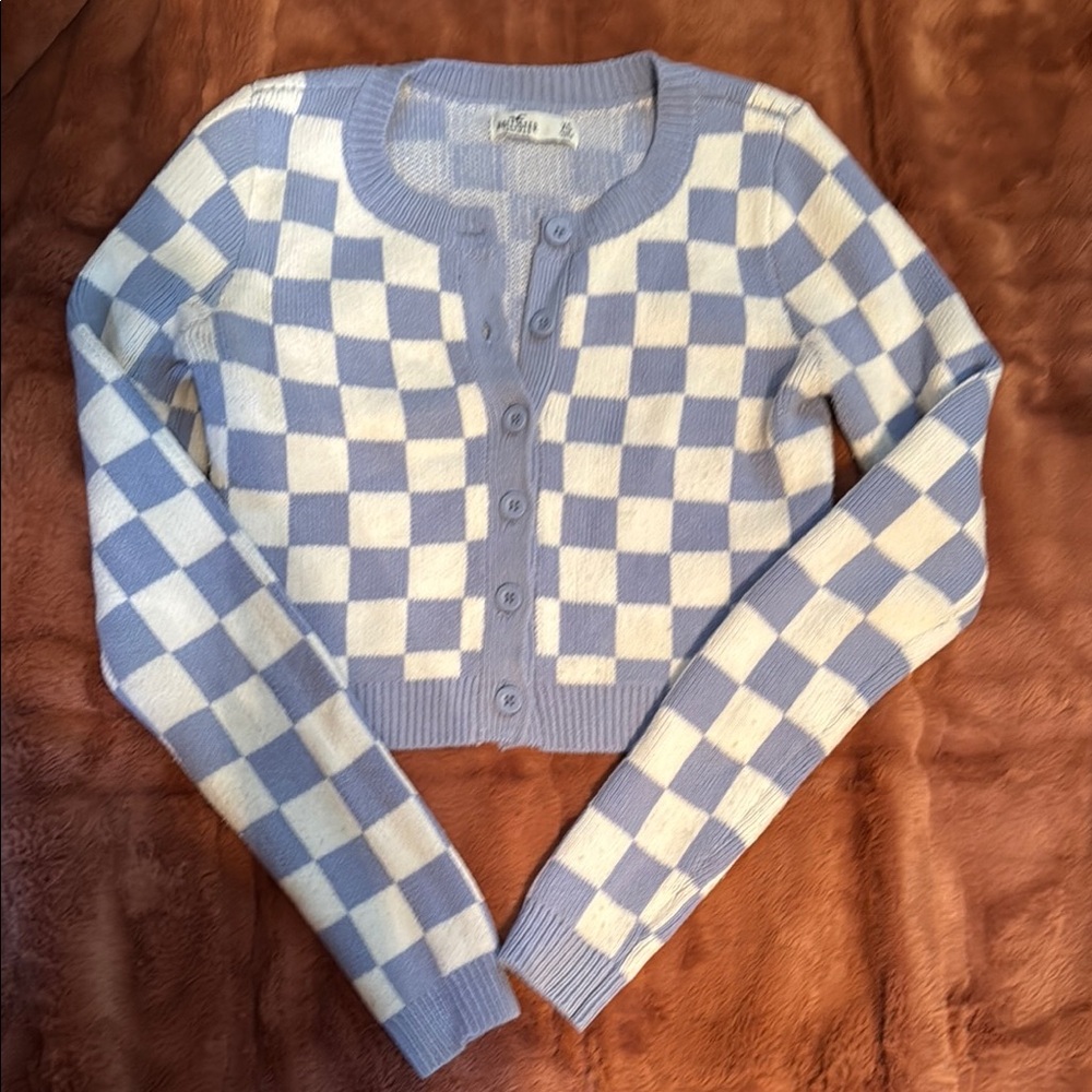 Hollister Blue and White Cardigan Sweater